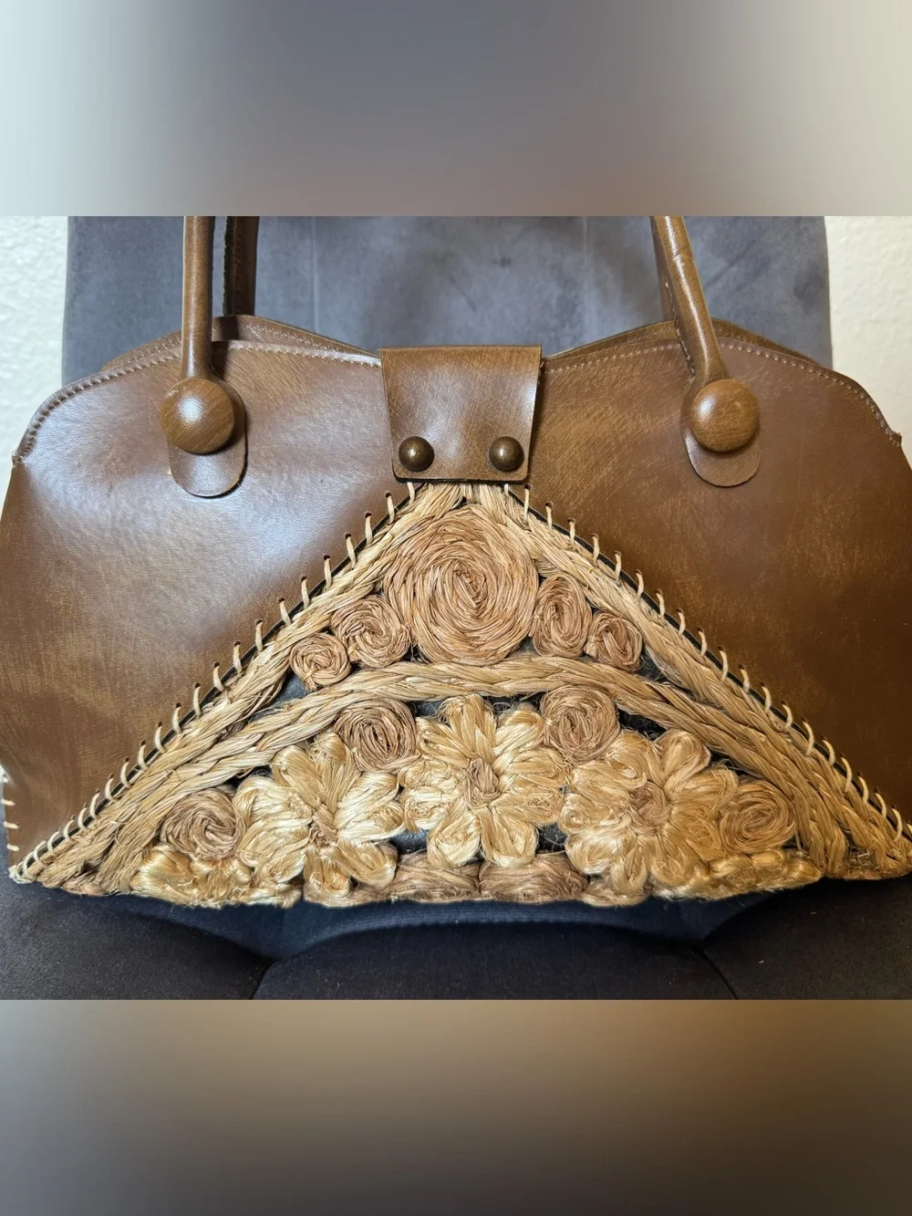 Vintage Rare Mahler California Brown Leather Wood Floral Handbag